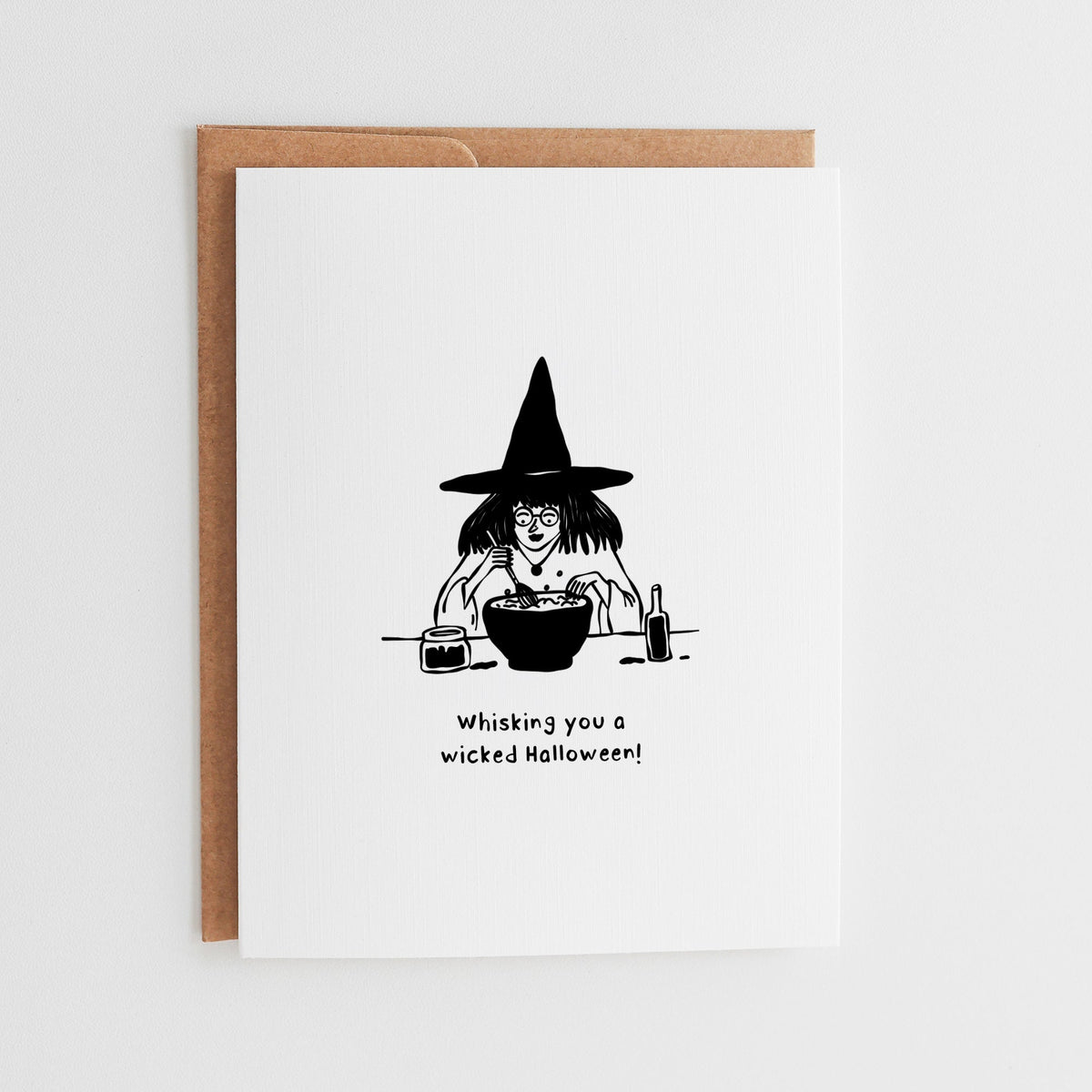 Whisking witch Halloween greeting card for cooks