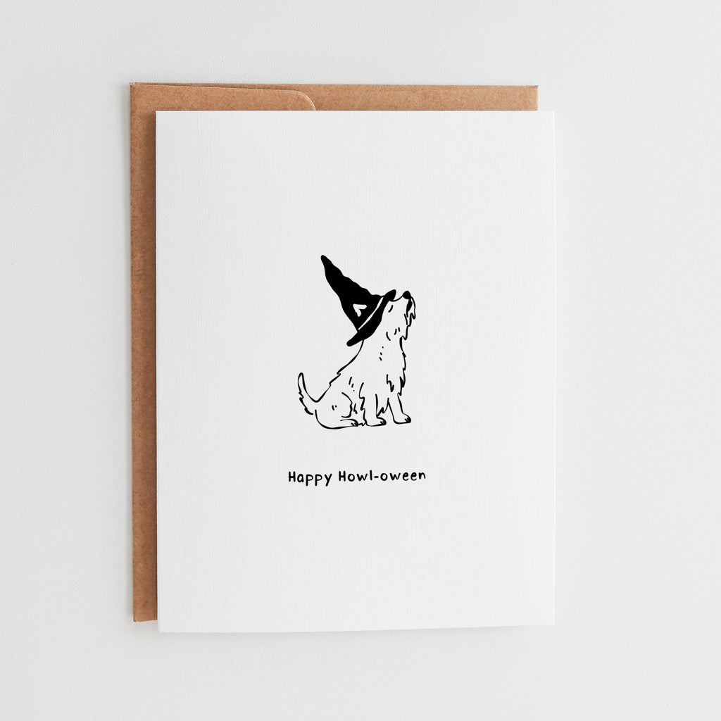 Hand-Drawn Dog Witch Halloween Card, Howl-oween Pun Greeting