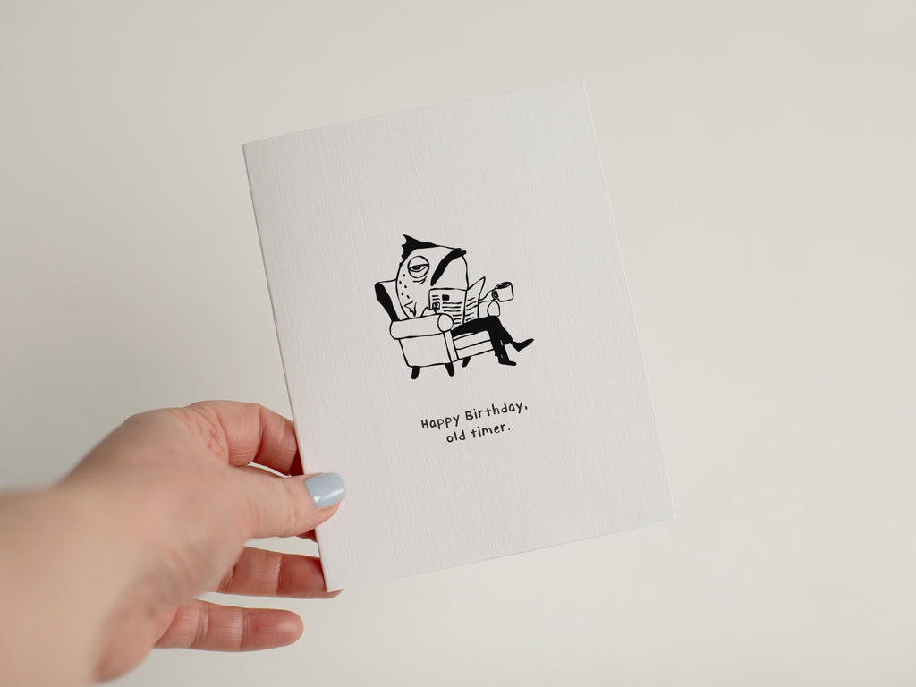 Funny Old Man Birthday Card, Hand-Drawn Fish Illustration Gift