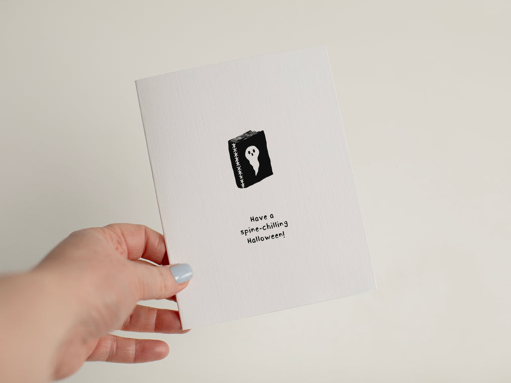 Spine-Chilling Book Lover Halloween Card, Ghost Bookworm Illustration Greeting