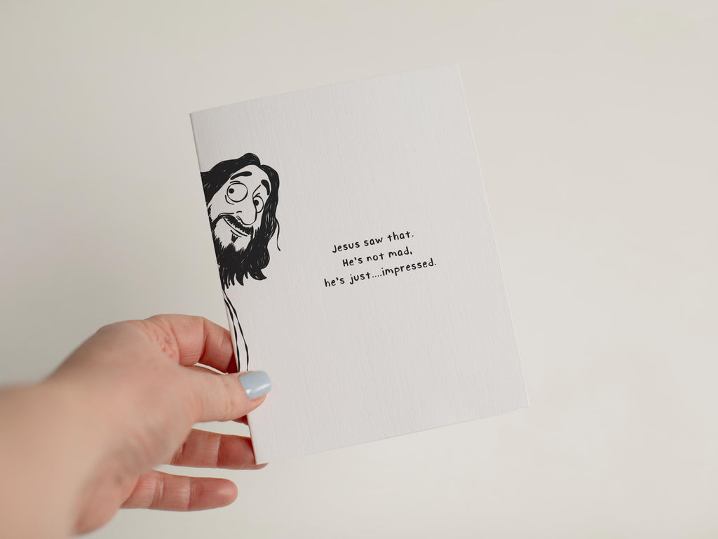 Funny Jesus Birthday Card, Sarcastic Religious Greeting Card, Jesus Saw That, Cheeky Faith Card, Linen Textured Cardstock #074