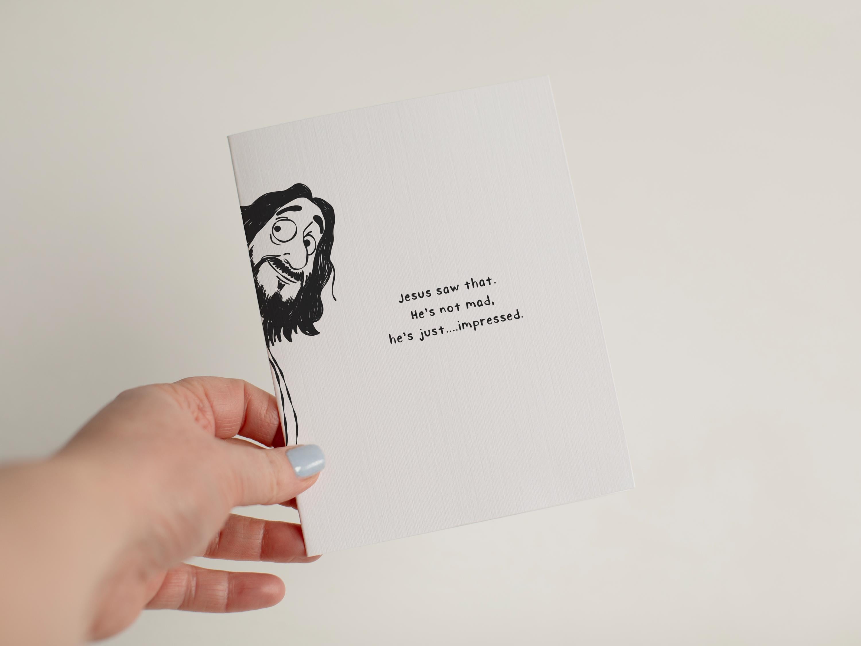 Funny Jesus Birthday Card, Sarcastic Religious Greeting Card, Jesus Saw That, Cheeky Faith Card, Linen Textured Cardstock #074