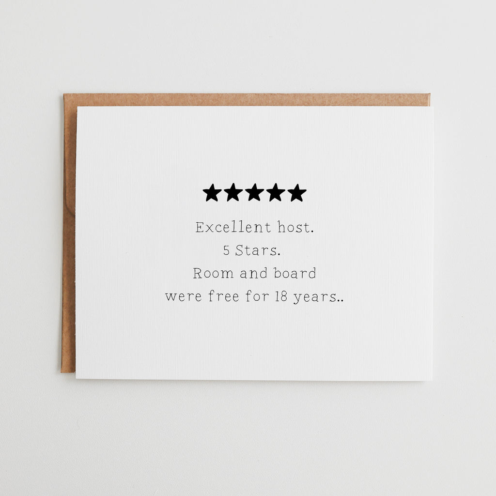 Funny 5 Star Review Card for Parents, Excellent Host Mother's Day Card, Sarcastic Father’s Day Gift, Humor Birthday Card for Mom or Dad #113