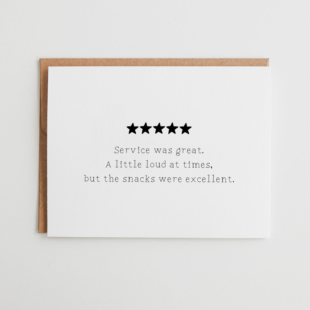 Funny 5 Star Review Card for Mom and Dad, Excellent Snacks Parent Card, Sarcastic Mother's Day Card, Father's Day Review Card #115