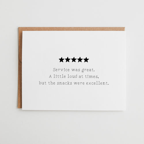 Funny 5 Star Review Card for Mom and Dad, Excellent Snacks Parent Card, Sarcastic Mother's Day Card, Father's Day Review Card #115