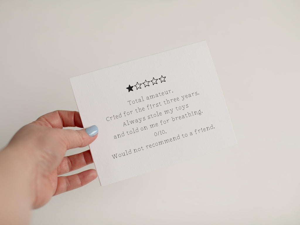 Funny 1 Star Review Sibling Card, Total Amateur Older Brother Card, Sarcastic Sister Birthday Card, Humor Sibling Gift #120