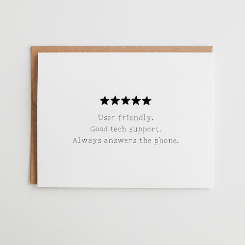 Funny Tech Support Parent Card, 5 Star Review Mothers Day Gift, Sarcastic Father’s Day Card, User Friendly Birthday Gift for Mom or Dad #117