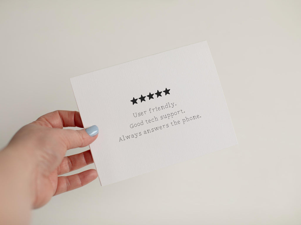 Funny Tech Support Parent Card, 5 Star Review Mothers Day Gift, Sarcastic Father’s Day Card, User Friendly Birthday Gift for Mom or Dad #117