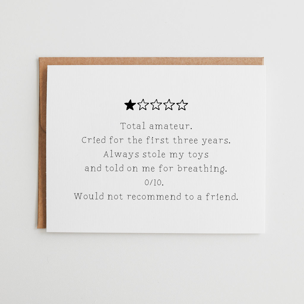 Funny 1 Star Review Sibling Card, Total Amateur Older Brother Card, Sarcastic Sister Birthday Card, Humor Sibling Gift #120