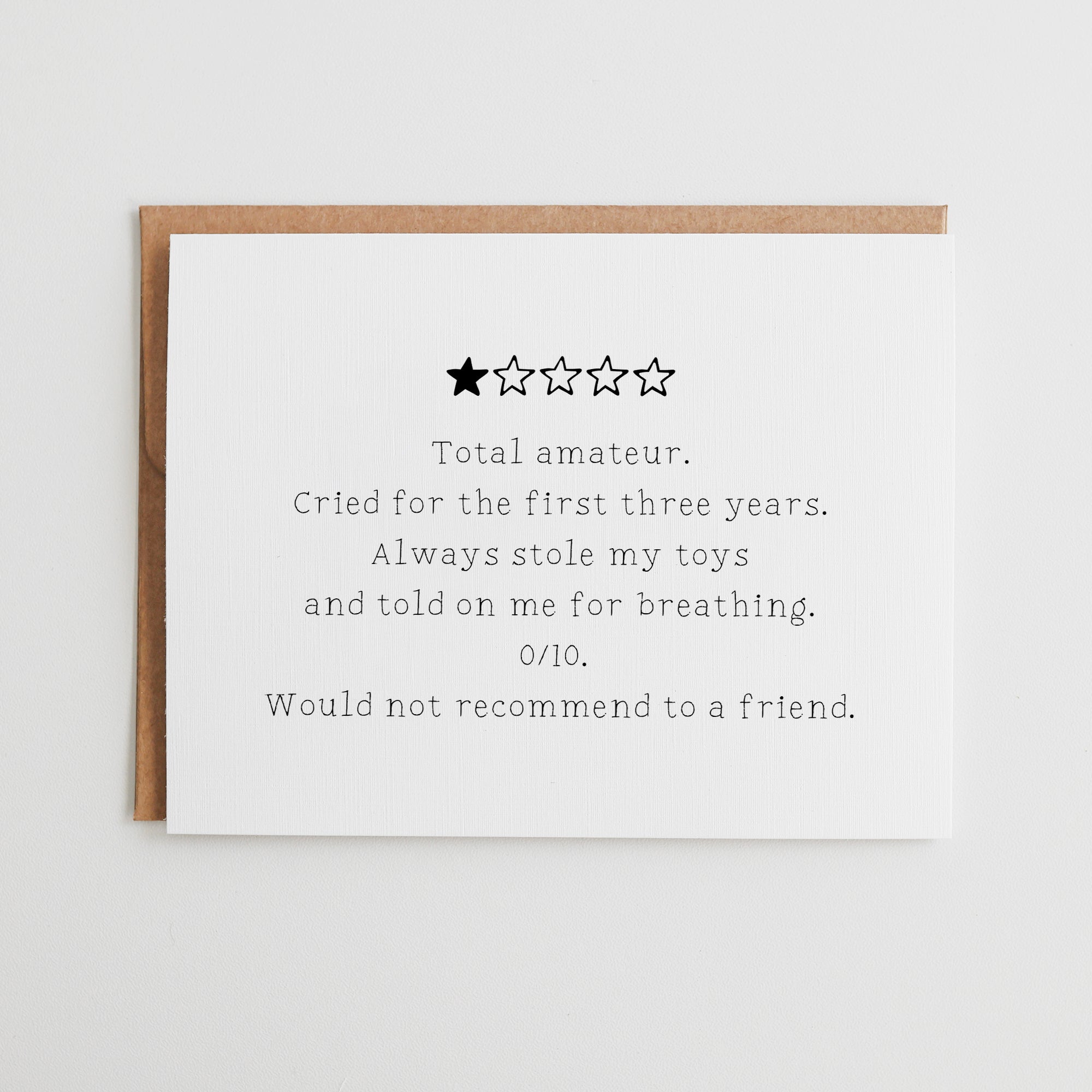 Funny 1 Star Review Sibling Card, Total Amateur Older Brother Card, Sarcastic Sister Birthday Card, Humor Sibling Gift #120